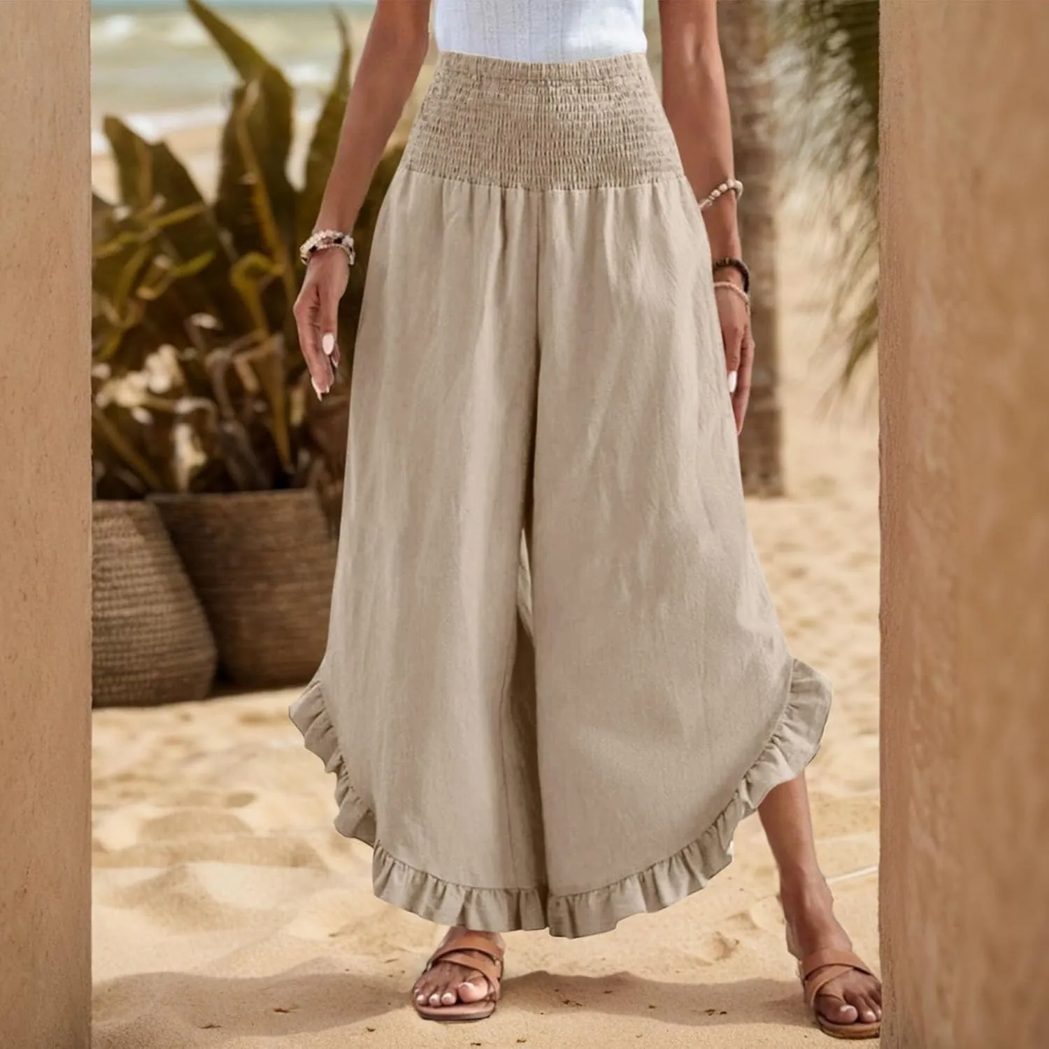 Wide Leg Linen Pants for Women Smocked Elastic Waist Ruffle Hem Holiday Beach Pants with Pockets Summer Palazzo Pants