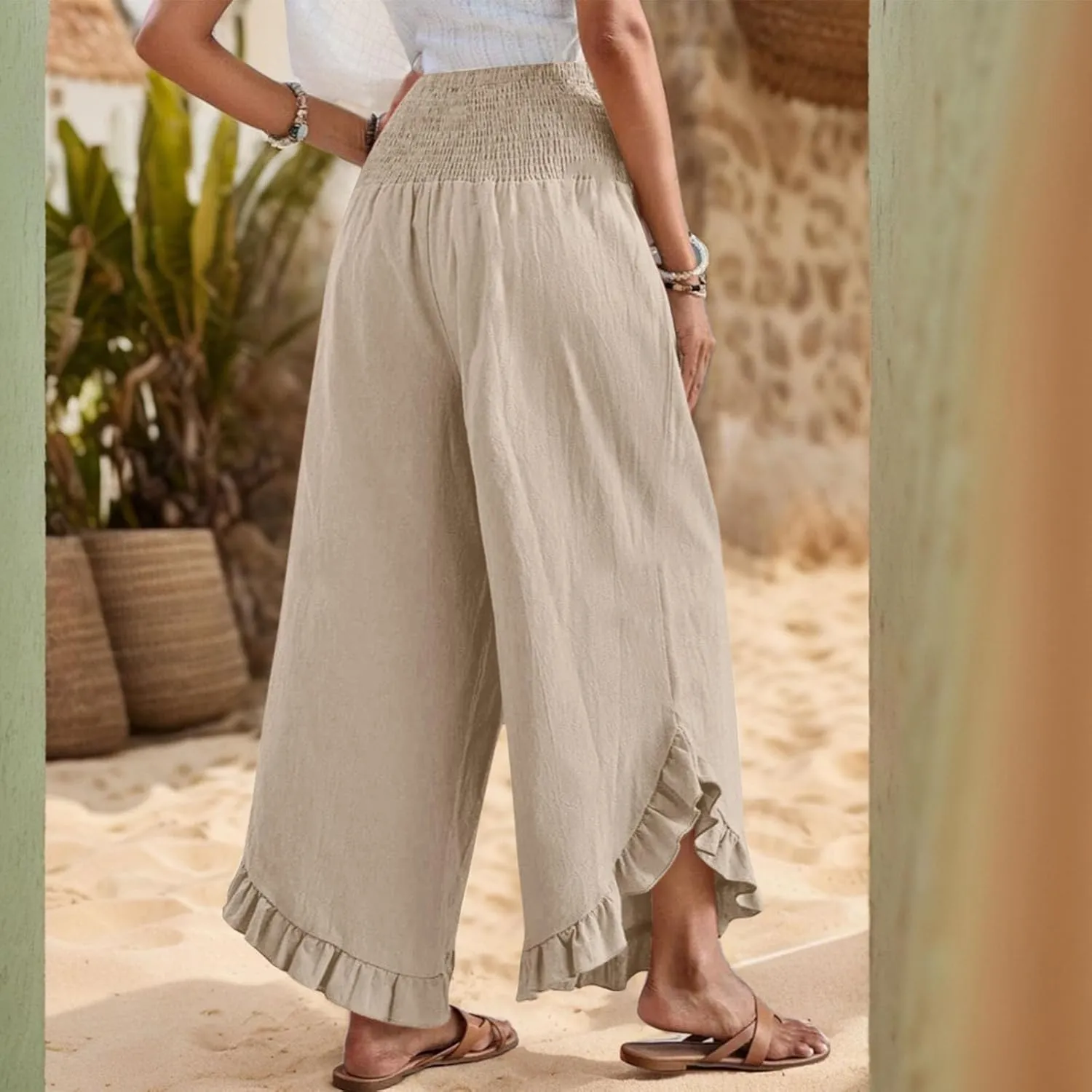 Wide Leg Linen Pants for Women Smocked Elastic Waist Ruffle Hem Holiday Beach Pants with Pockets Summer Palazzo Pants