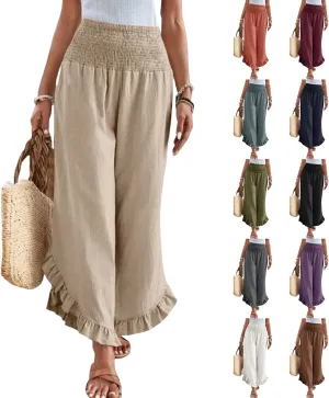 Wide Leg Linen Pants for Women Smocked Elastic Waist Ruffle Hem Holiday Beach Pants with Pockets Summer Palazzo Pants