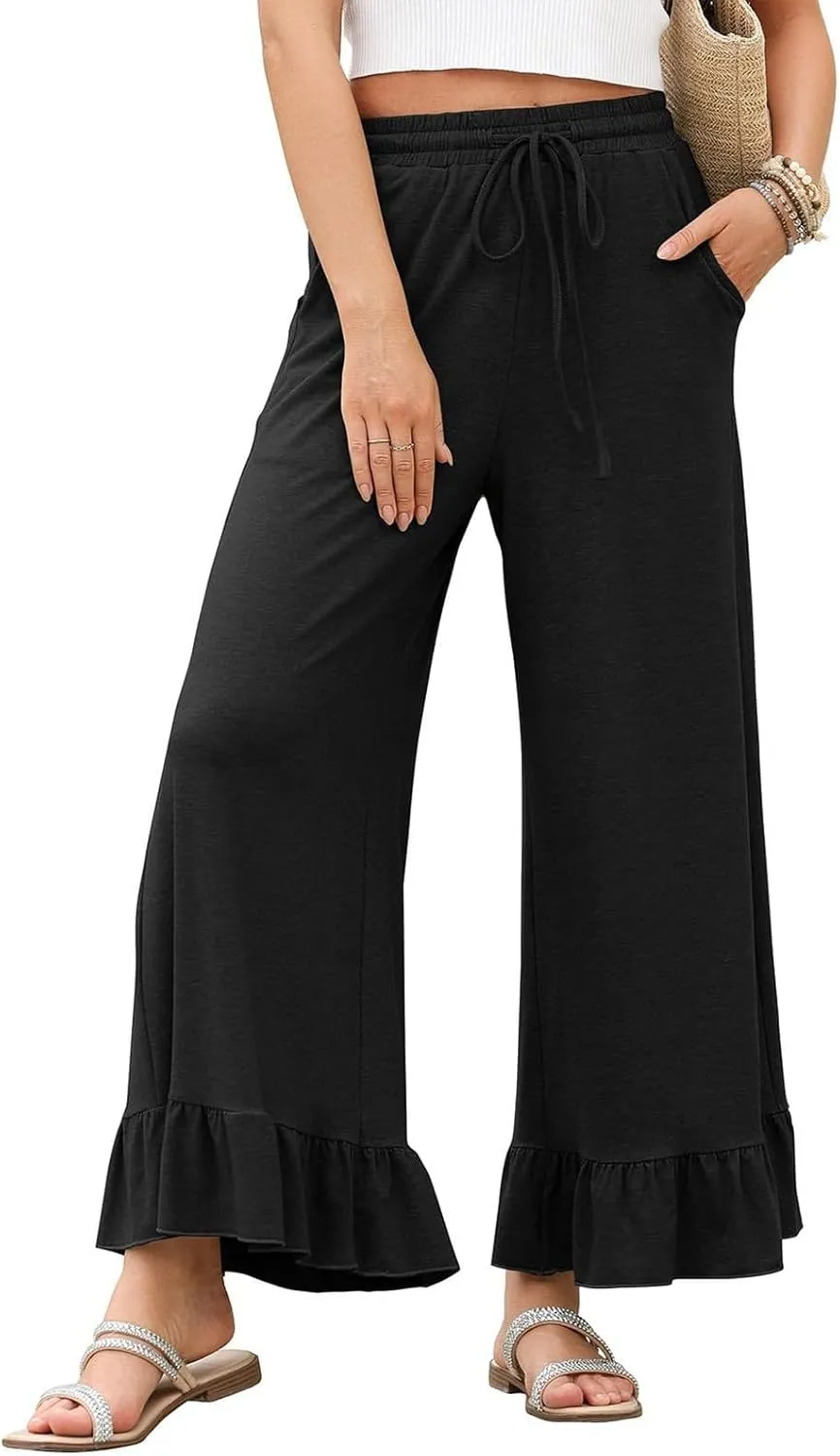 Wide Leg Pants for Women Casual Elastic Drawstring High Waisted Pant Summer Solid Color Palazzo Lounge Trousers 2025
