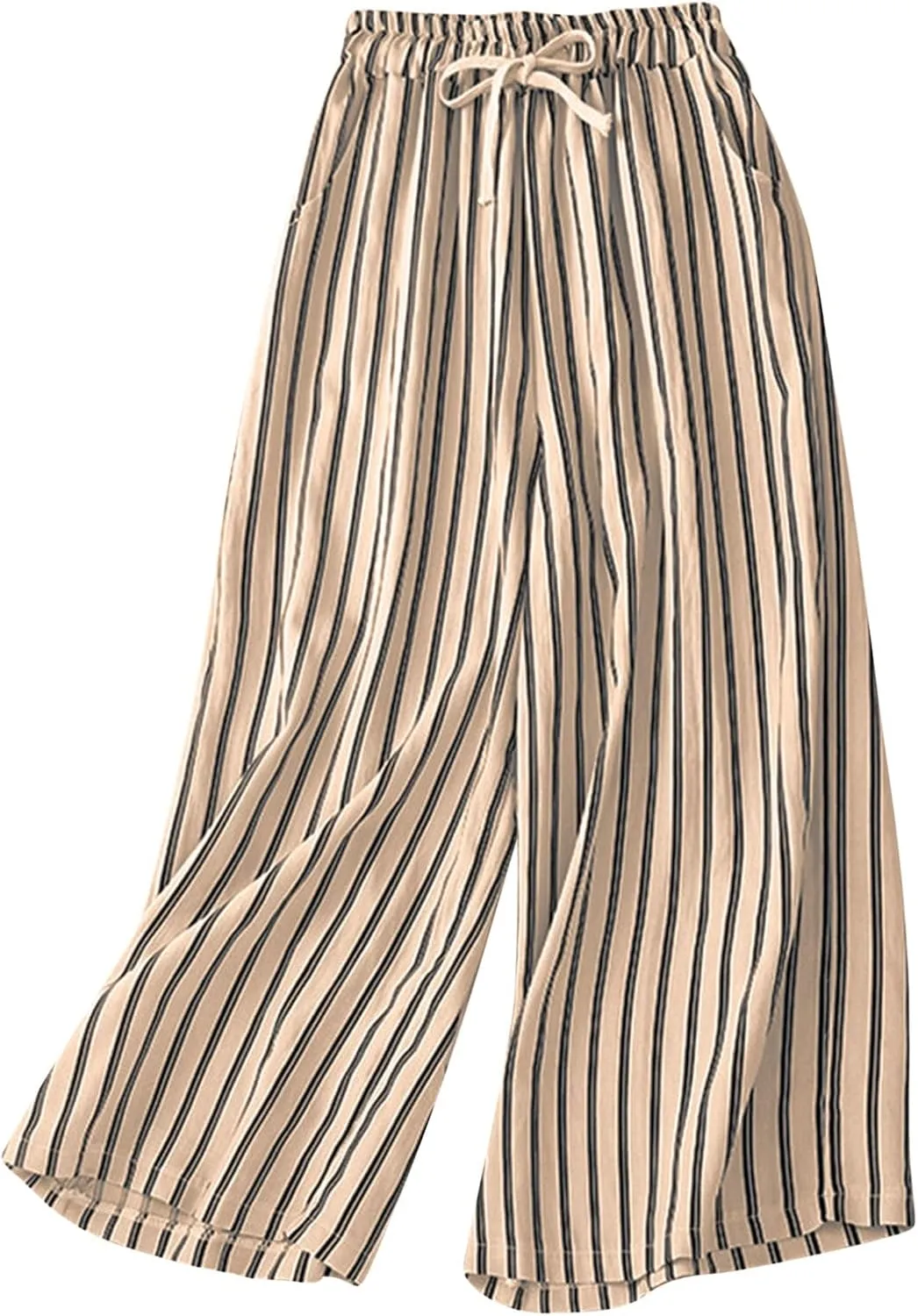 Wide Leg Pants Womans Summer Palazzo Capri Culottes for Women Linen Striped Print Vintage Baggy Beach Cropped Trousers