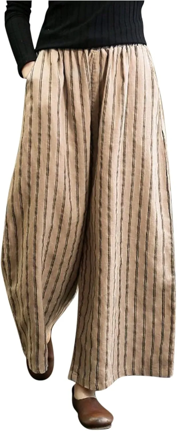 Wide Leg Pants Womans Summer Palazzo Capri Culottes for Women Linen Striped Print Vintage Baggy Beach Cropped Trousers