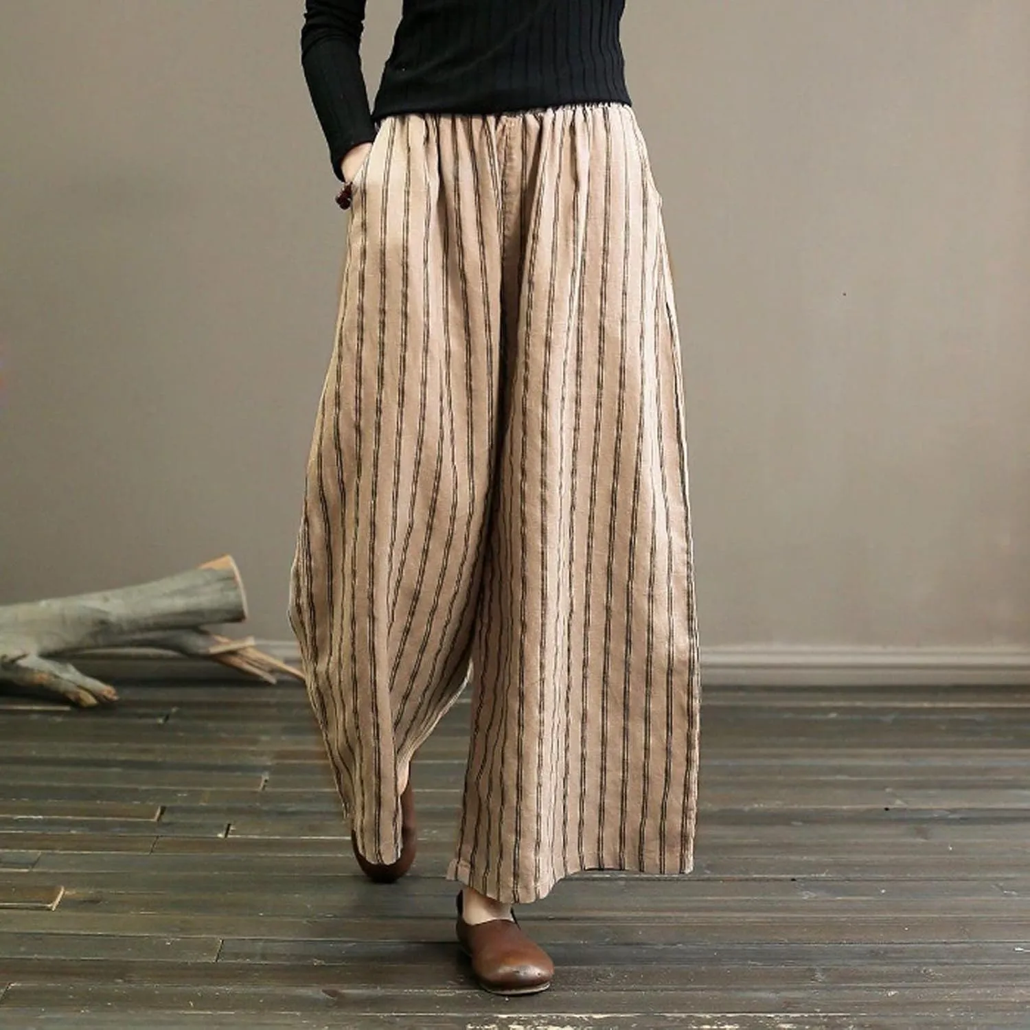 Wide Leg Pants Womans Summer Palazzo Capri Culottes for Women Linen Striped Print Vintage Baggy Beach Cropped Trousers