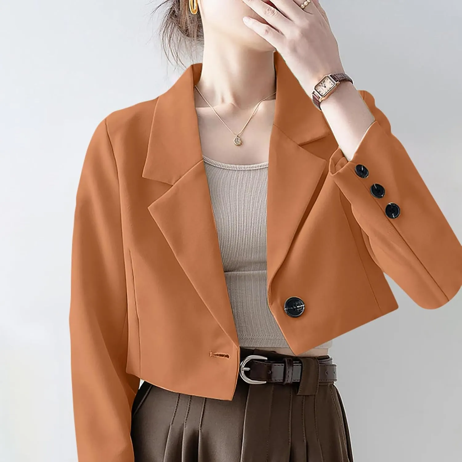 Wkishenl Women Cropped Blazers Fashion Business Long Sleeve Jackets Casual Nocth Lapel Open Front Blazer Solid Work Suits