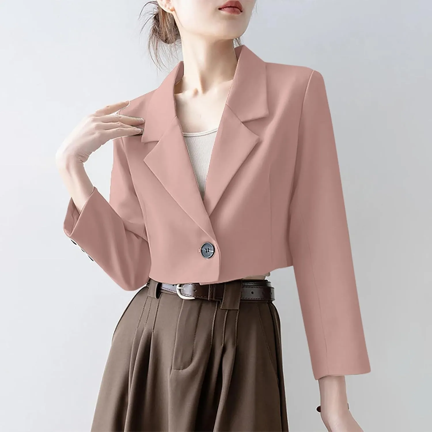 Wkishenl Women Cropped Blazers Fashion Business Long Sleeve Jackets Casual Nocth Lapel Open Front Blazer Solid Work Suits