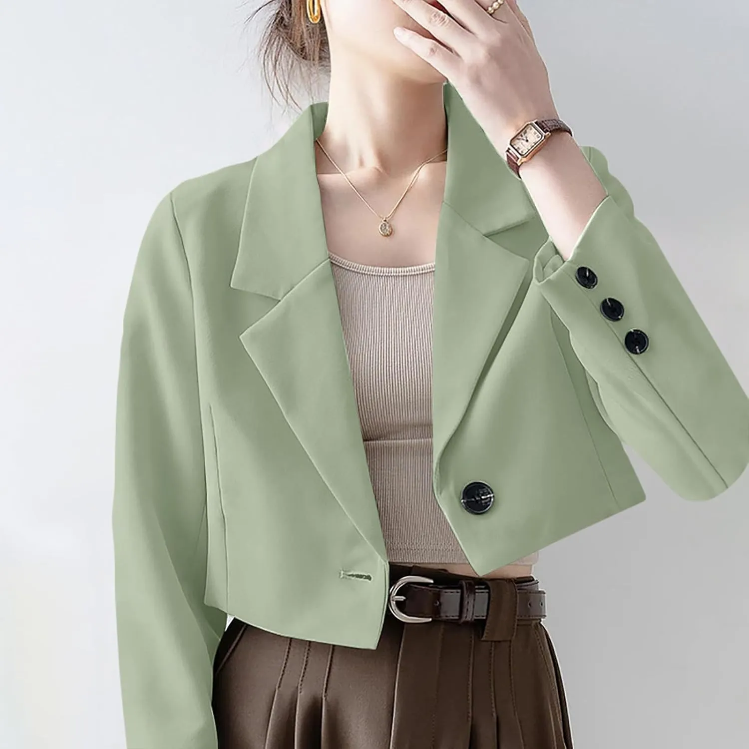 Wkishenl Women Cropped Blazers Fashion Business Long Sleeve Jackets Casual Nocth Lapel Open Front Blazer Solid Work Suits