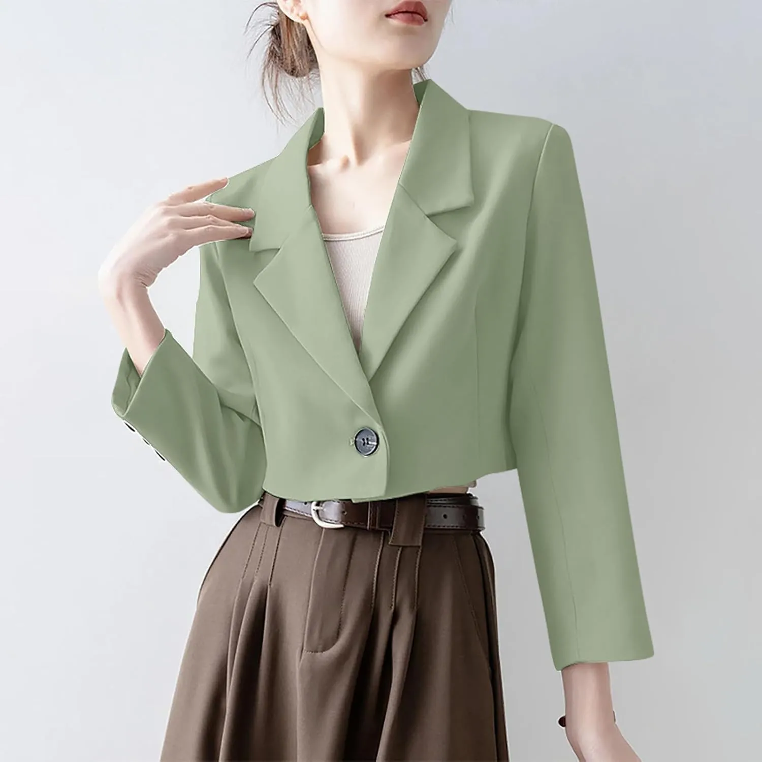 Wkishenl Women Cropped Blazers Fashion Business Long Sleeve Jackets Casual Nocth Lapel Open Front Blazer Solid Work Suits