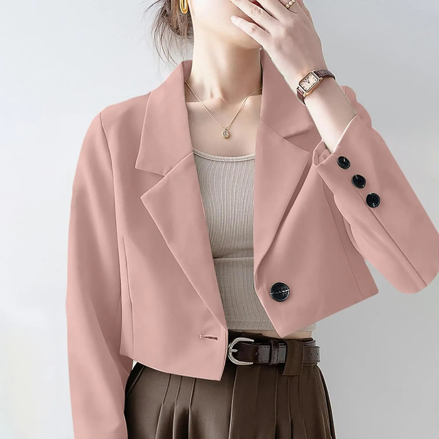 Wkishenl Women Cropped Blazers Fashion Business Long Sleeve Jackets Casual Nocth Lapel Open Front Blazer Solid Work Suits