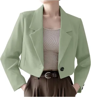 Wkishenl Women Cropped Blazers Fashion Business Long Sleeve Jackets Casual Nocth Lapel Open Front Blazer Solid Work Suits