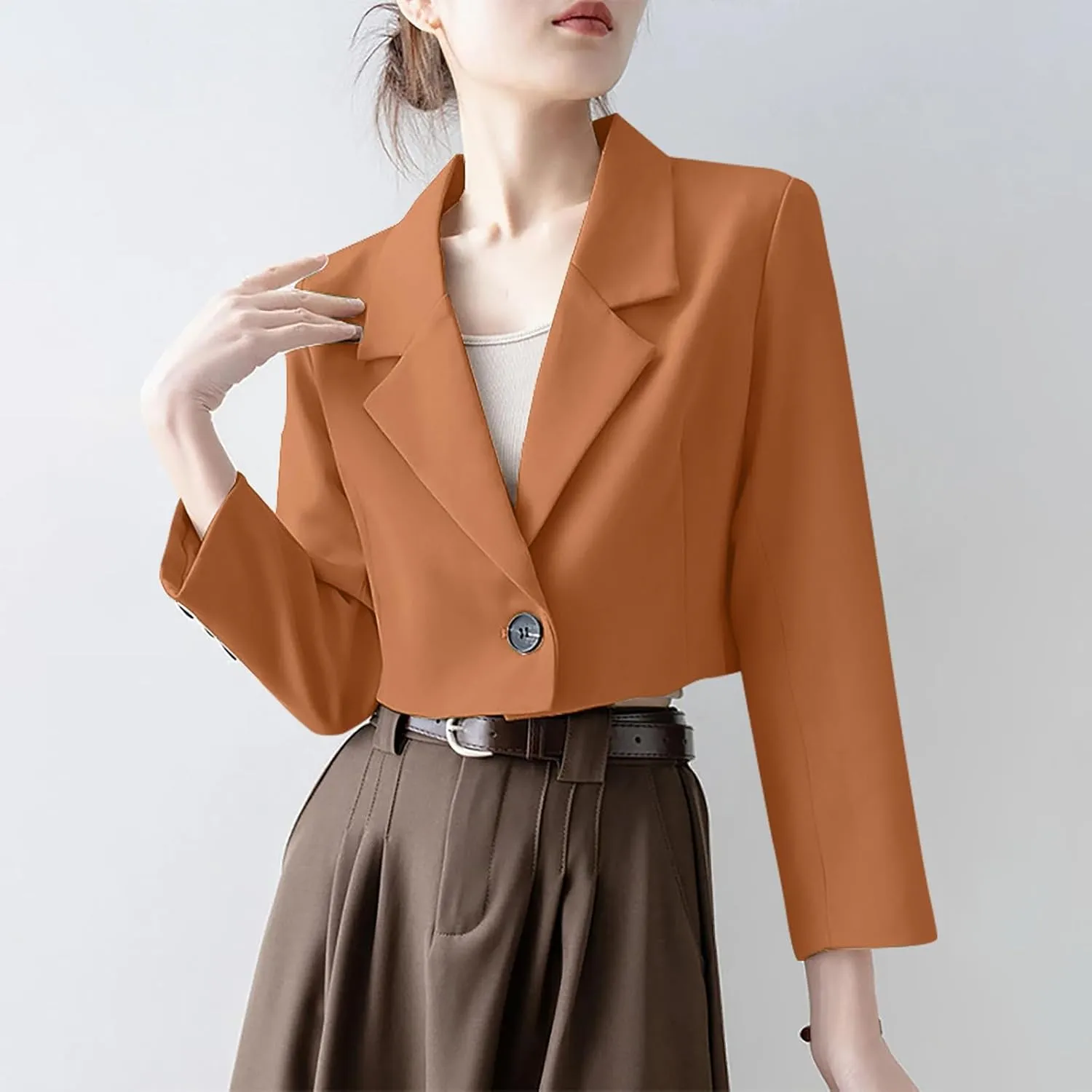 Wkishenl Women Cropped Blazers Fashion Business Long Sleeve Jackets Casual Nocth Lapel Open Front Blazer Solid Work Suits