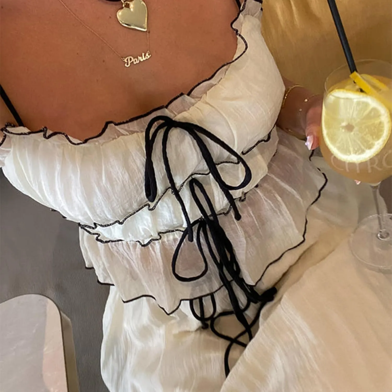 Women 2 Piece Maxi Skirt Set Front Tie-Up Camisoles Tank Top and Ruffle Maxi Dress Summer Two Piece Outfits