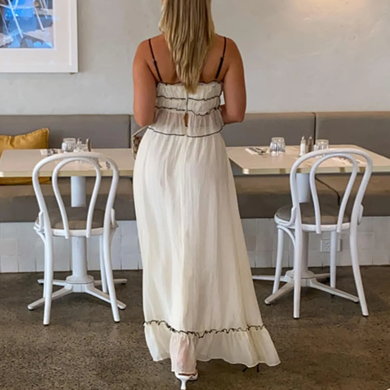 Women 2 Piece Maxi Skirt Set Front Tie-Up Camisoles Tank Top and Ruffle Maxi Dress Summer Two Piece Outfits