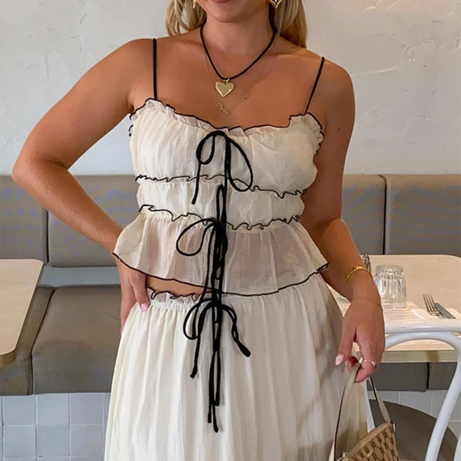 Women 2 Piece Maxi Skirt Set Front Tie-Up Camisoles Tank Top and Ruffle Maxi Dress Summer Two Piece Outfits