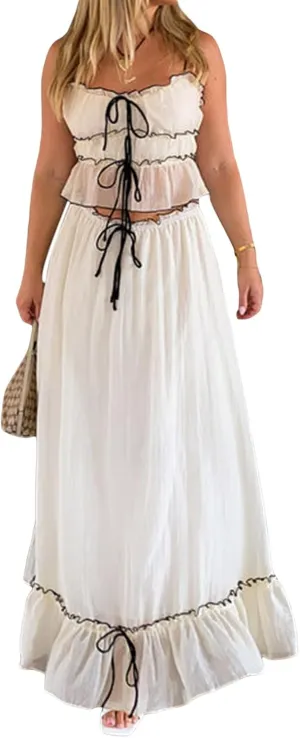 Women 2 Piece Maxi Skirt Set Front Tie-Up Camisoles Tank Top and Ruffle Maxi Dress Summer Two Piece Outfits