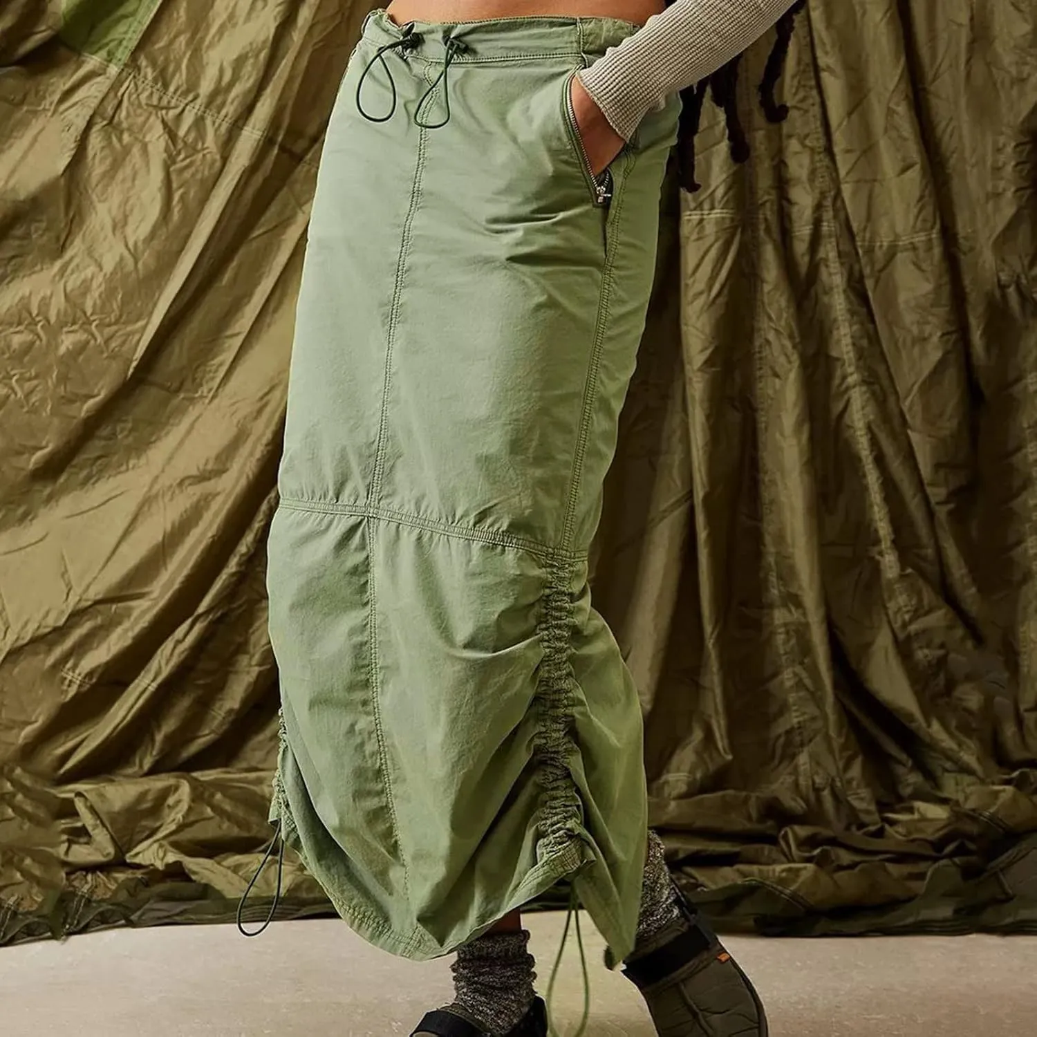 Women Cargo Long Skirt Skirts for Women Plus Size Drawstring High Waist Maxi Cargo Skirt with Pockets Black Skirt