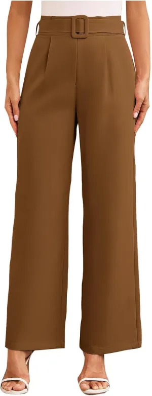 Women Casual Pleated Straight Suit Pants High Waist Loose Fit Dress Pants Solid Color Wide Leg Trousers with Belt