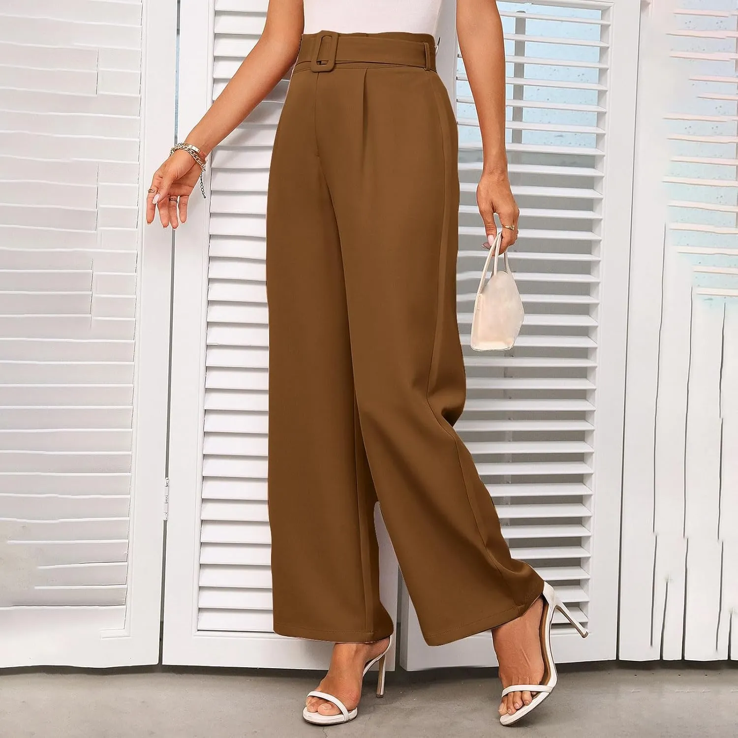 Women Casual Pleated Straight Suit Pants High Waist Loose Fit Dress Pants Solid Color Wide Leg Trousers with Belt