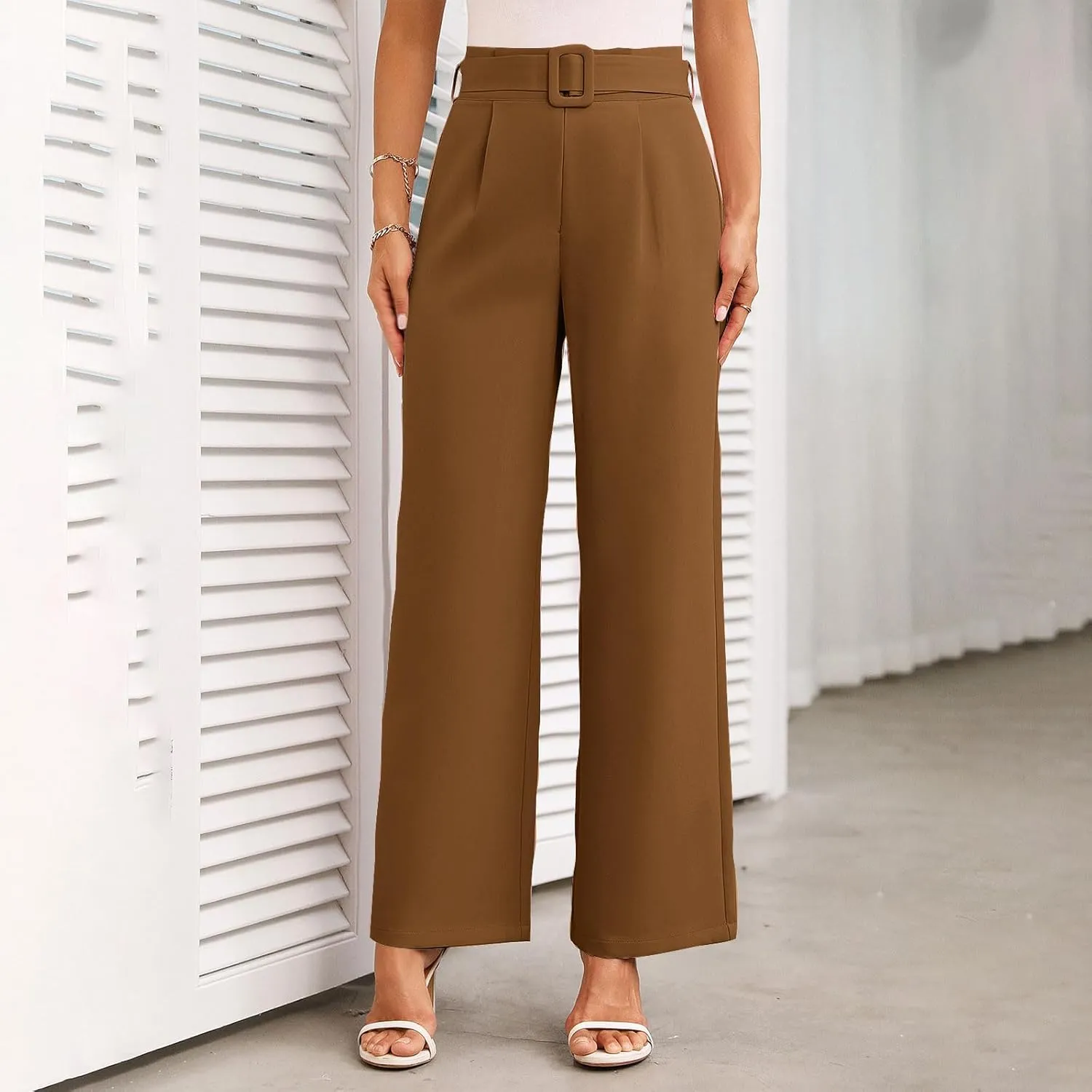 Women Casual Pleated Straight Suit Pants High Waist Loose Fit Dress Pants Solid Color Wide Leg Trousers with Belt