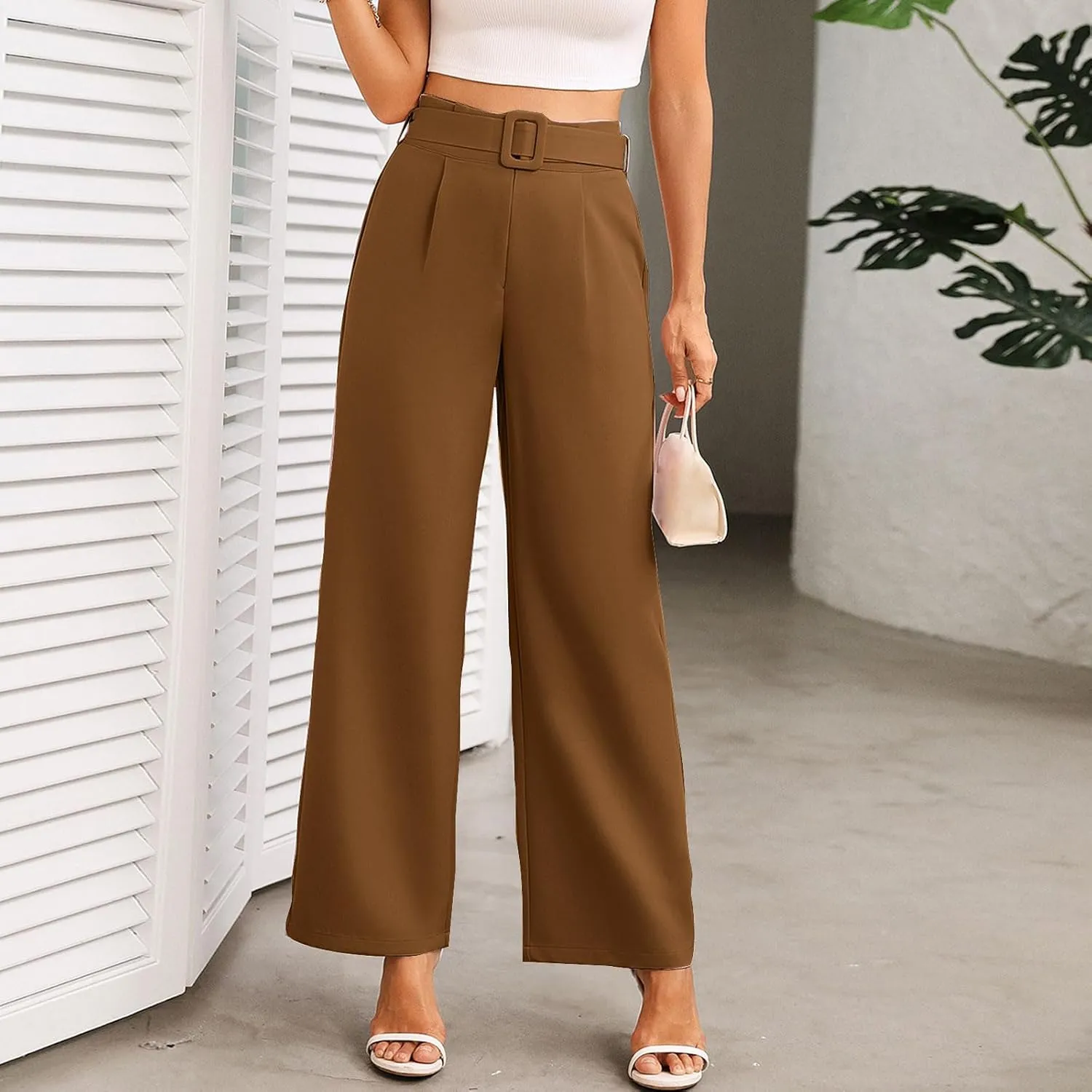 Women Casual Pleated Straight Suit Pants High Waist Loose Fit Dress Pants Solid Color Wide Leg Trousers with Belt