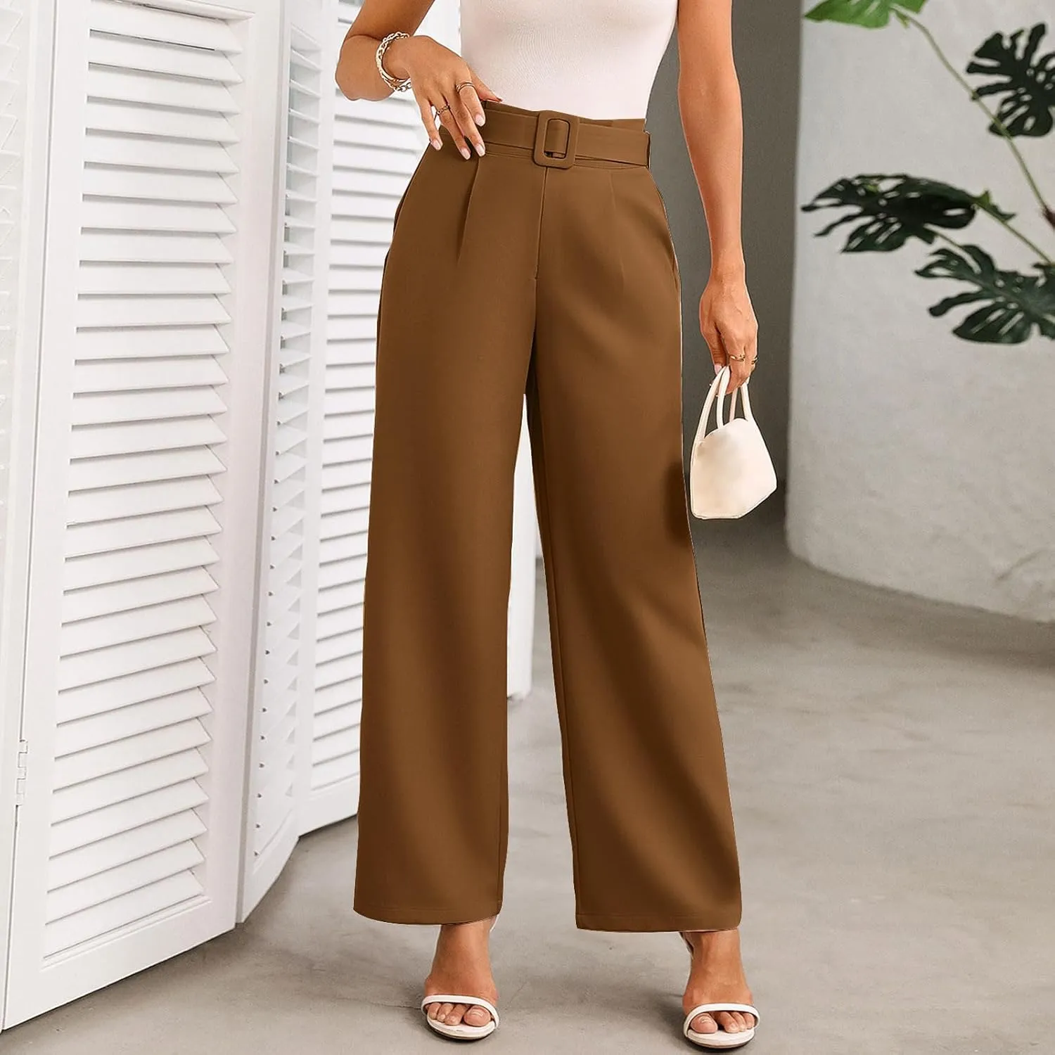 Women Casual Pleated Straight Suit Pants High Waist Loose Fit Dress Pants Solid Color Wide Leg Trousers with Belt