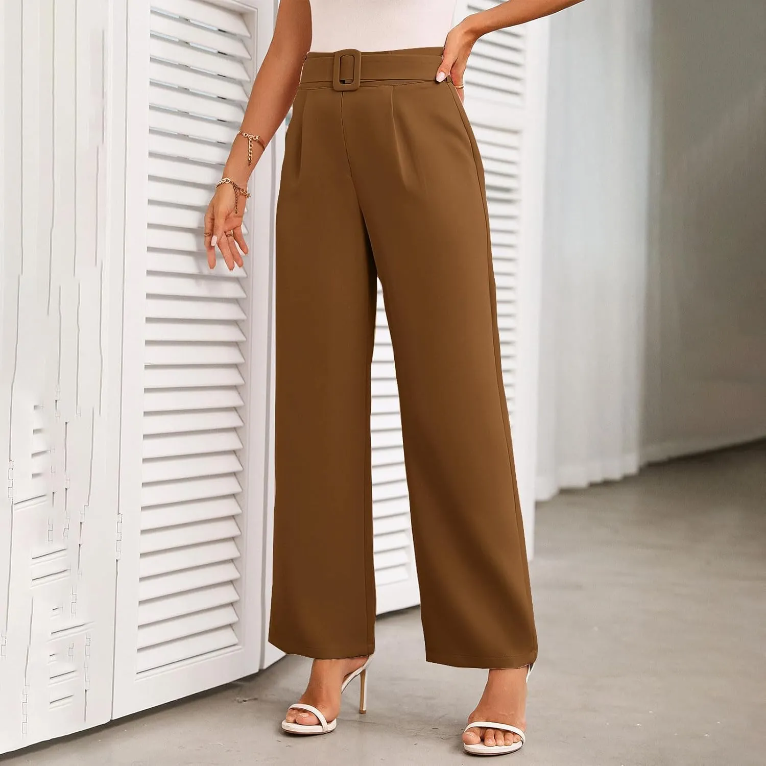 Women Casual Pleated Straight Suit Pants High Waist Loose Fit Dress Pants Solid Color Wide Leg Trousers with Belt