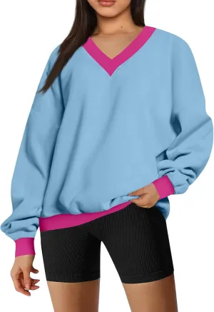 Women Color Block Graphic Sweatshirts Baggy V Neck Oversized Sweatshirt Lightweight Drop Shoulder Y2K Trendy Pullover