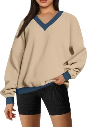 Women Color Block Graphic Sweatshirts Baggy V Neck Oversized Sweatshirt Lightweight Drop Shoulder Y2K Trendy Pullover