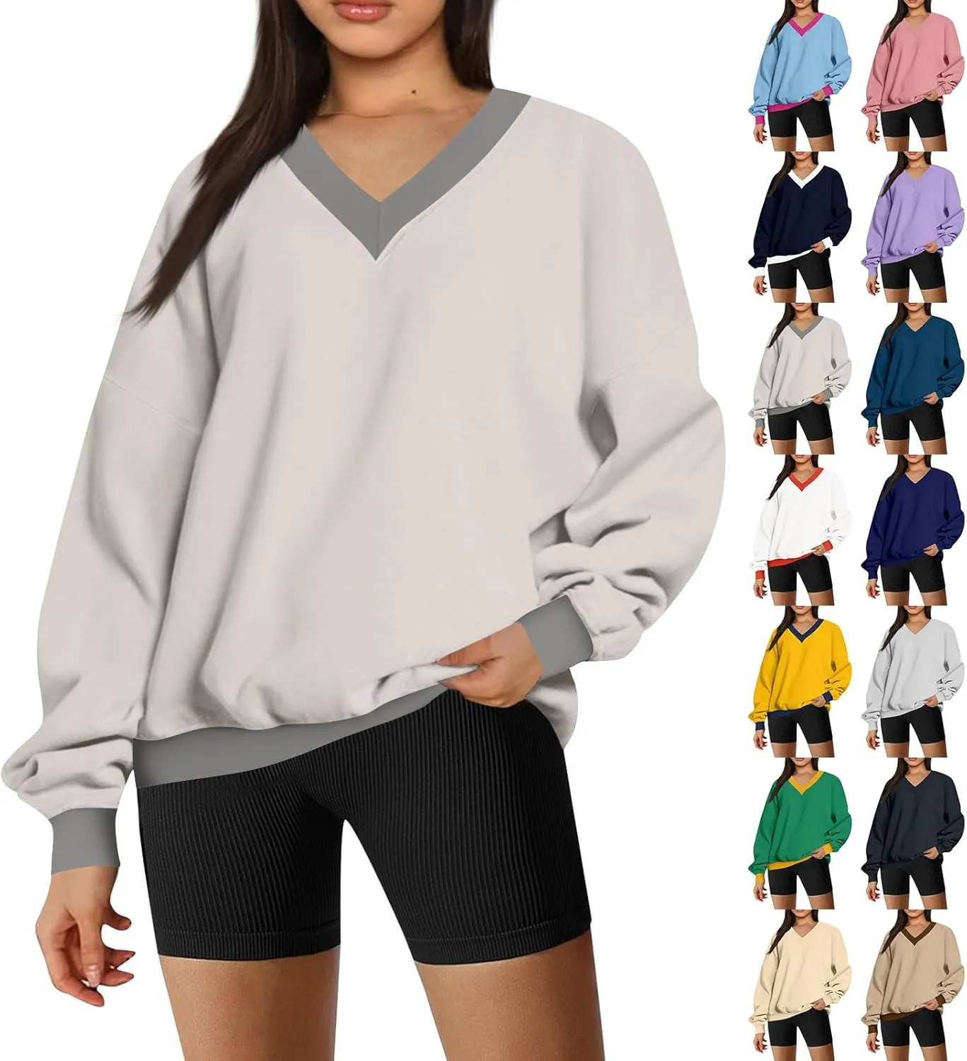 Women Color Block Graphic Sweatshirts Baggy V Neck Oversized Sweatshirt Lightweight Drop Shoulder Y2K Trendy Pullover