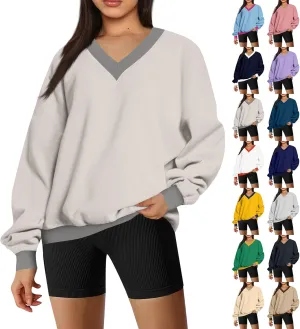 Women Color Block Graphic Sweatshirts Baggy V Neck Oversized Sweatshirt Lightweight Drop Shoulder Y2K Trendy Pullover