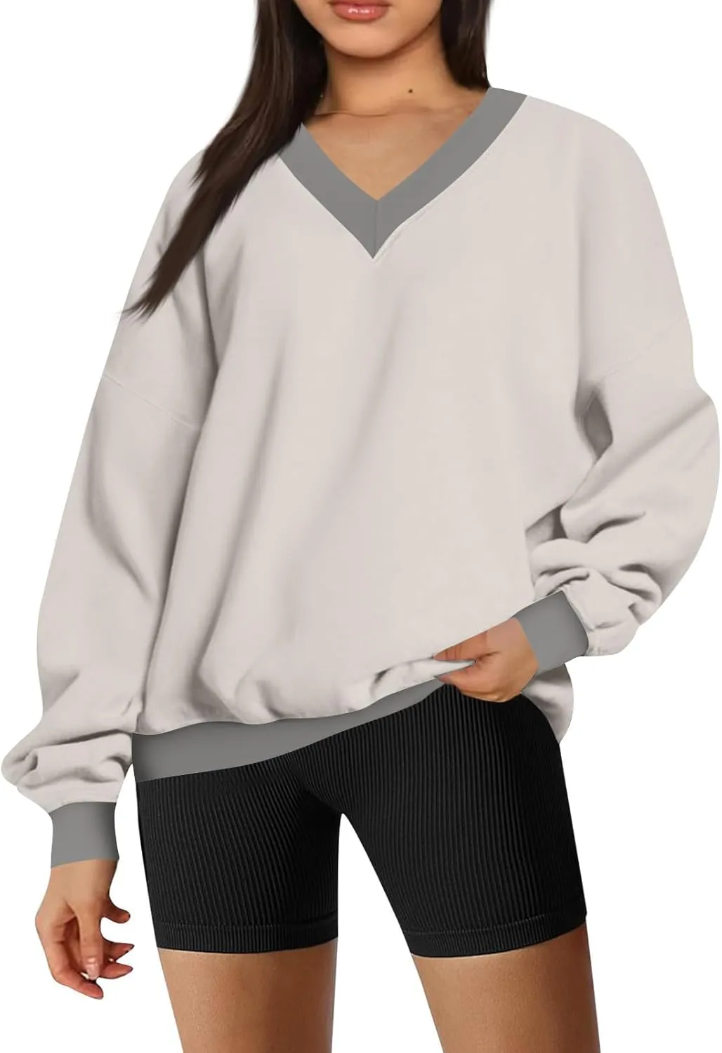 Women Color Block Graphic Sweatshirts Baggy V Neck Oversized Sweatshirt Lightweight Drop Shoulder Y2K Trendy Pullover