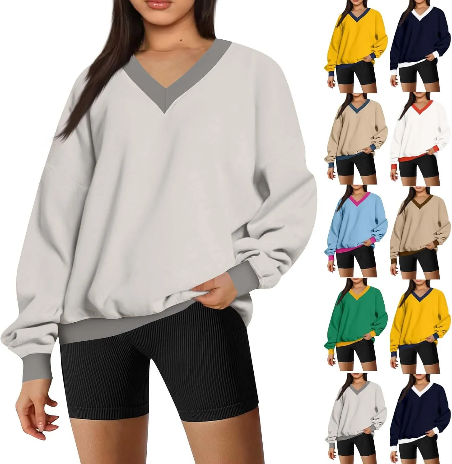 Women Color Block Graphic Sweatshirts Baggy V Neck Oversized Sweatshirt Lightweight Drop Shoulder Y2K Trendy Pullover
