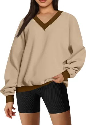 Women Color Block Graphic Sweatshirts Baggy V Neck Oversized Sweatshirt Lightweight Drop Shoulder Y2K Trendy Pullover
