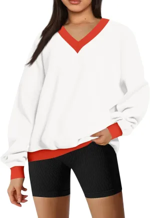 Women Color Block Graphic Sweatshirts Baggy V Neck Oversized Sweatshirt Lightweight Drop Shoulder Y2K Trendy Pullover