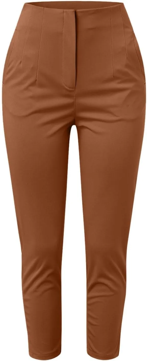 Women High Waist Cropped Work Pants Solid Zipper Trouser Pant Casual Baggy Elastic Waist Trouser Wide Leg Pant