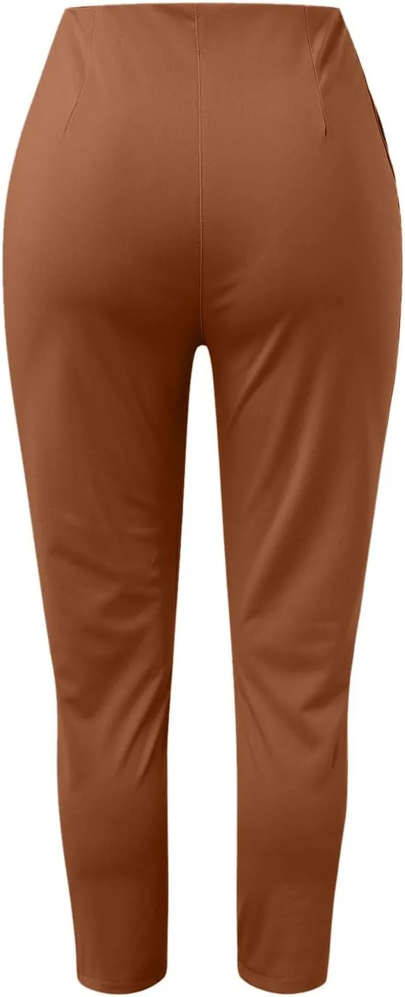 Women High Waist Cropped Work Pants Solid Zipper Trouser Pant Casual Baggy Elastic Waist Trouser Wide Leg Pant