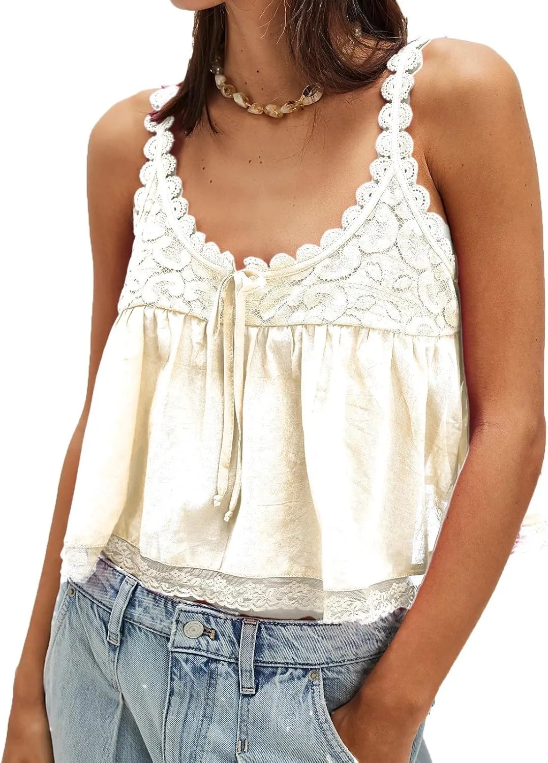 Women Lace Trim Tank Tops Y2k Tie Front Semi Sheer Crop Vest Cute Sleeveless Babydoll Cami Shirt