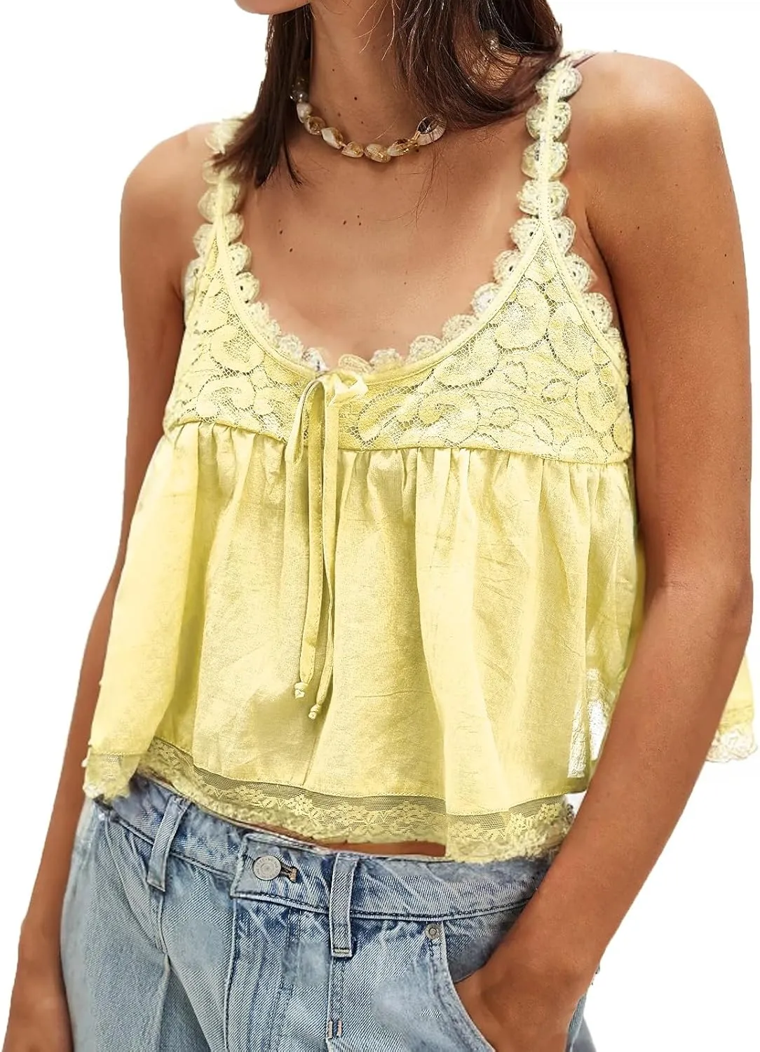 Women Lace Trim Tank Tops Y2k Tie Front Semi Sheer Crop Vest Cute Sleeveless Babydoll Cami Shirt