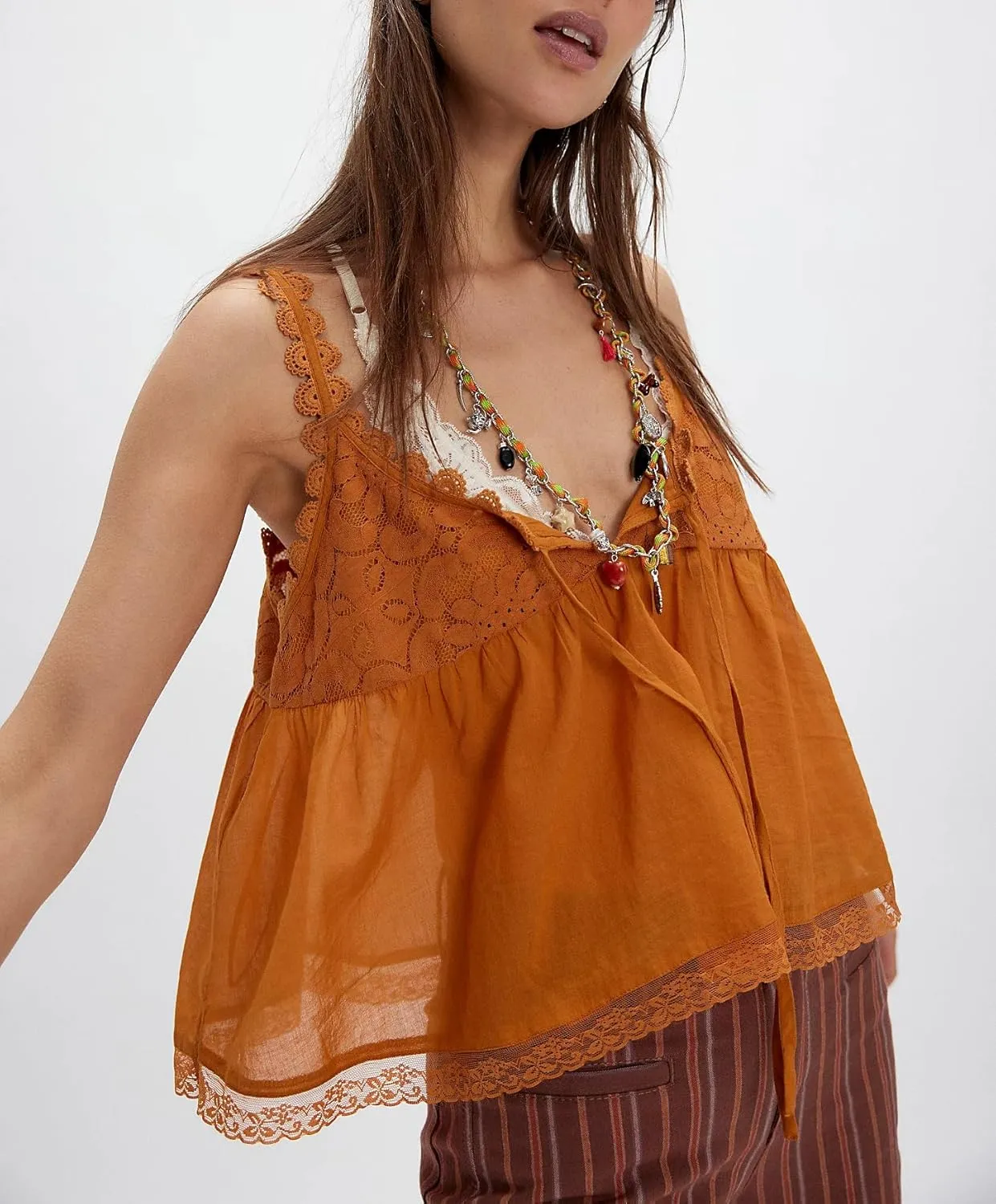 Women Lace Trim Tank Tops Y2k Tie Front Semi Sheer Crop Vest Cute Sleeveless Babydoll Cami Shirt