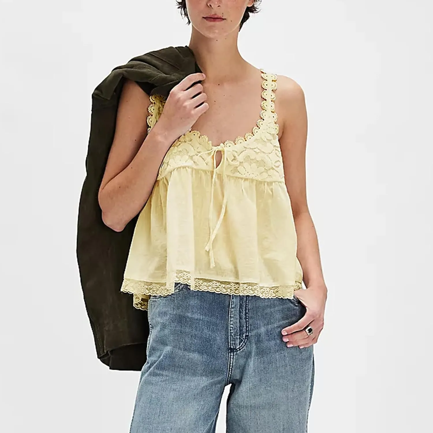 Women Lace Trim Tank Tops Y2k Tie Front Semi Sheer Crop Vest Cute Sleeveless Babydoll Cami Shirt
