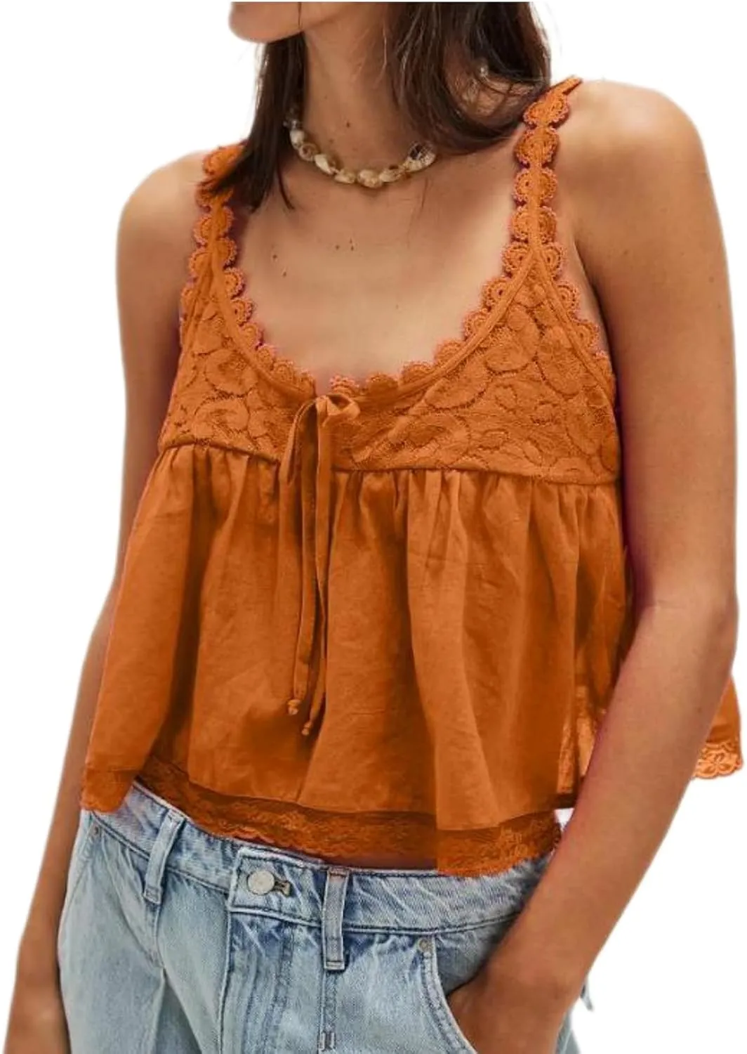 Women Lace Trim Tank Tops Y2k Tie Front Semi Sheer Crop Vest Cute Sleeveless Babydoll Cami Shirt