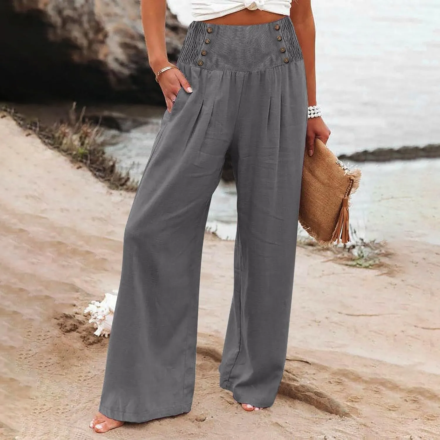 Women Linen Pants Palazzo Wide Leg Elastic High Waist Flowy Trousers Casual Loose Beach Travel Lounge Summer Pants