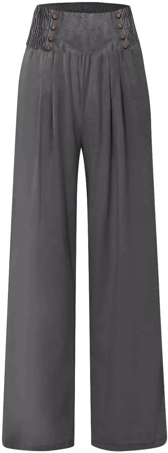Women Linen Pants Palazzo Wide Leg Elastic High Waist Flowy Trousers Casual Loose Beach Travel Lounge Summer Pants