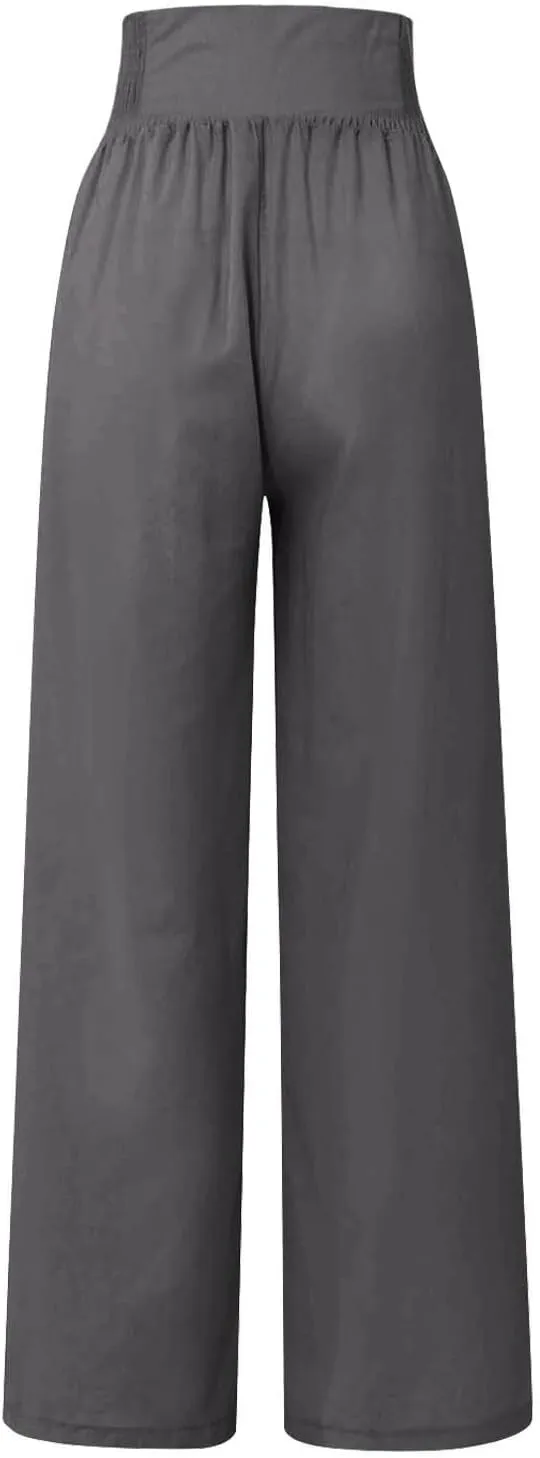 Women Linen Pants Palazzo Wide Leg Elastic High Waist Flowy Trousers Casual Loose Beach Travel Lounge Summer Pants