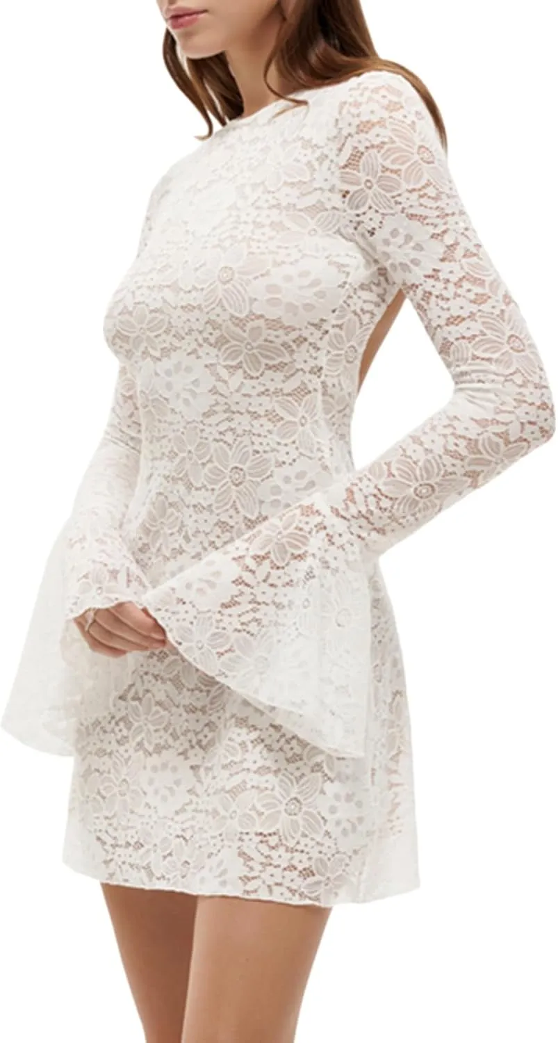 Women Long Sleeve White Lace Short Dress Y2k Backless Bell Crew Neck Bodycon Vacation Flowy Mini Dresses