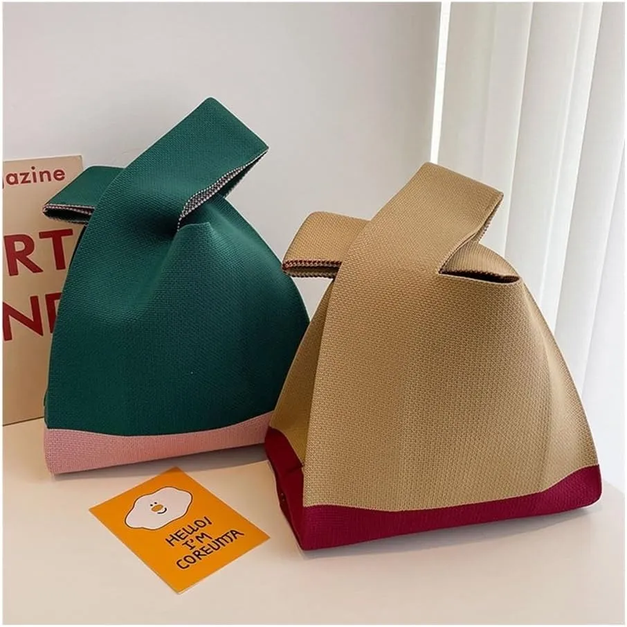 Women Mini Knot Wrist Bag Handmade Casual Knit Handbag Color Plaid Tote Bag Student Reusable Shopping Bags