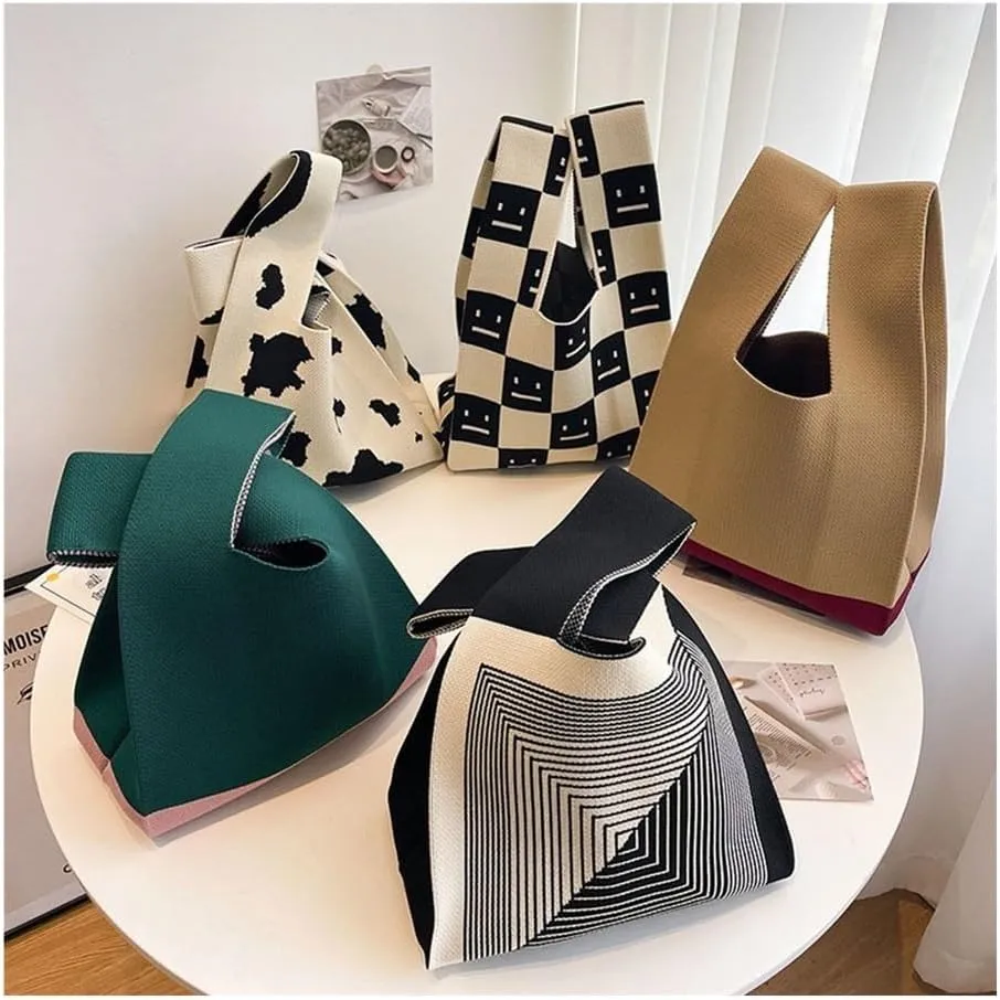 Women Mini Knot Wrist Bag Handmade Casual Knit Handbag Color Plaid Tote Bag Student Reusable Shopping Bags