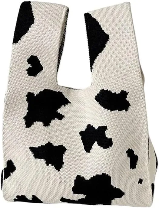 Women Mini Knot Wrist Bag Handmade Casual Knit Handbag Color Plaid Tote Bag Student Reusable Shopping Bags