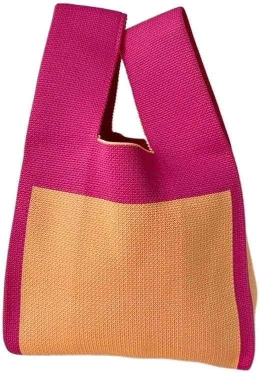 Women Mini Knot Wrist Bag Handmade Casual Knit Handbag Color Plaid Tote Bag Student Reusable Shopping Bags