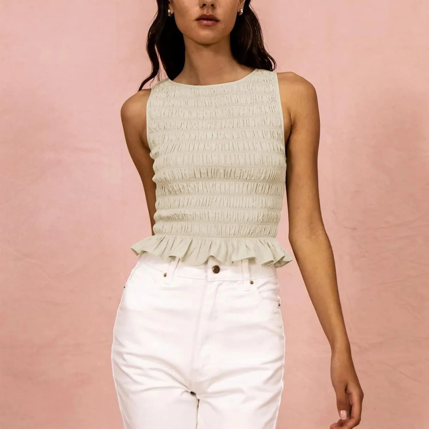 Women Shirred Tank Top Ruffle Sleeveless Tanks Frill Smocked Halter Cami Tops Summer Streetwear