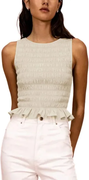Women Shirred Tank Top Ruffle Sleeveless Tanks Frill Smocked Halter Cami Tops Summer Streetwear